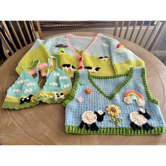 3 piece custom handmade cow farmcore crochet sweater, vest and top - Picture 2 of 9
